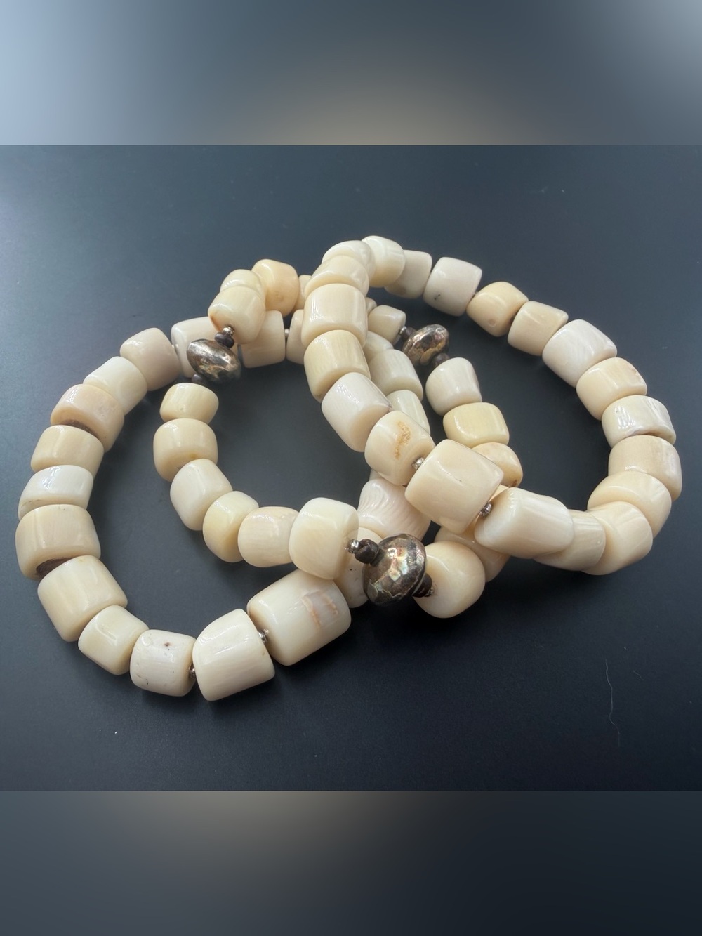 Vintage 1970s 3 piece cream Ivory Elk teeth bead bracelet set with silver accent